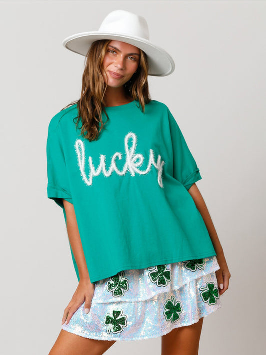 Faith Women's St. Patrick's Lucky Sequined Top Loose T-Shirt