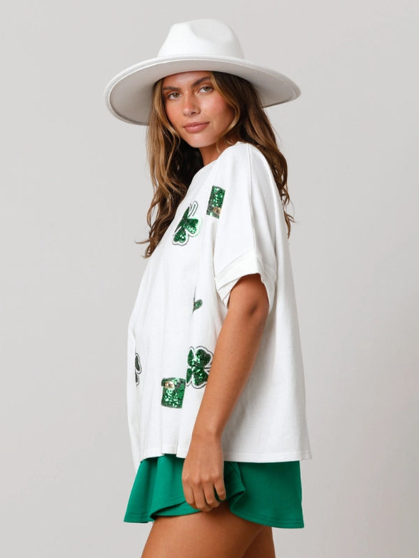 Zoe Women's St. Patrick's Four-Leaf Clover Sequined Top Loose T-Shirt