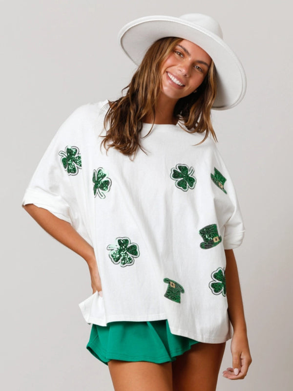 Zoe Women's St. Patrick's Four-Leaf Clover Sequined Top Loose T-Shirt