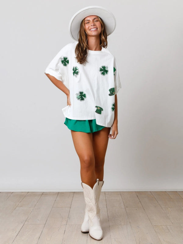 Zoe Women's St. Patrick's Four-Leaf Clover Sequined Top Loose T-Shirt