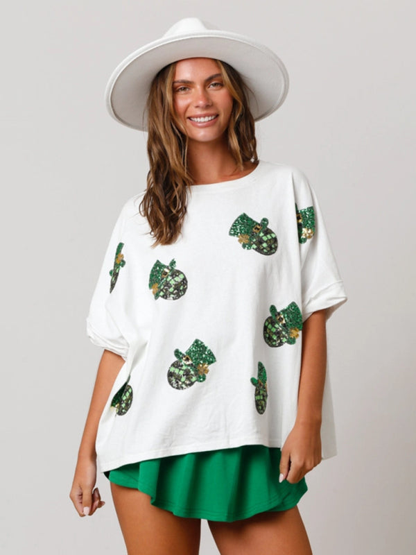 Mariah Women's St. Patrick's Hat Sequin Top Loose T-Shirt