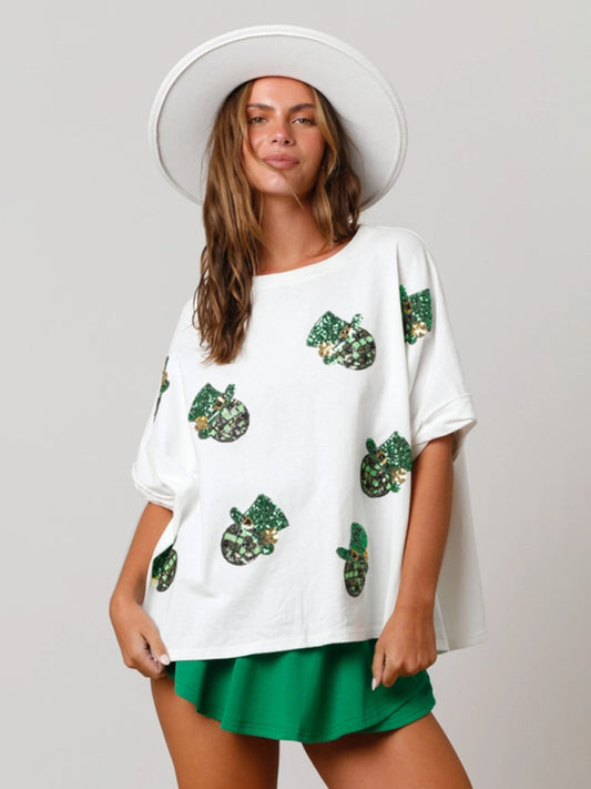 Mariah Women's St. Patrick's Hat Sequin Top Loose T-Shirt