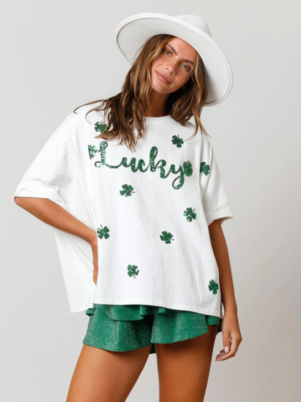 Shannon Women's St. Patrick's Lucky Four-Leaf Clover Sequined Top Loose T-Shirt