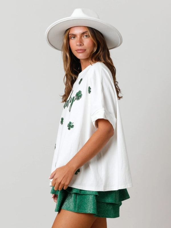 Shannon Women's St. Patrick's Lucky Four-Leaf Clover Sequined Top Loose T-Shirt