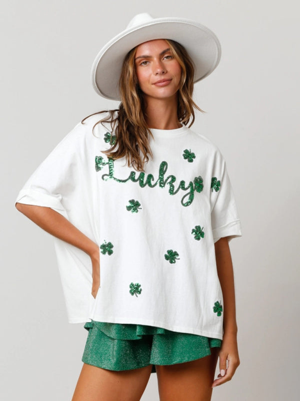 Shannon Women's St. Patrick's Lucky Four-Leaf Clover Sequined Top Loose T-Shirt