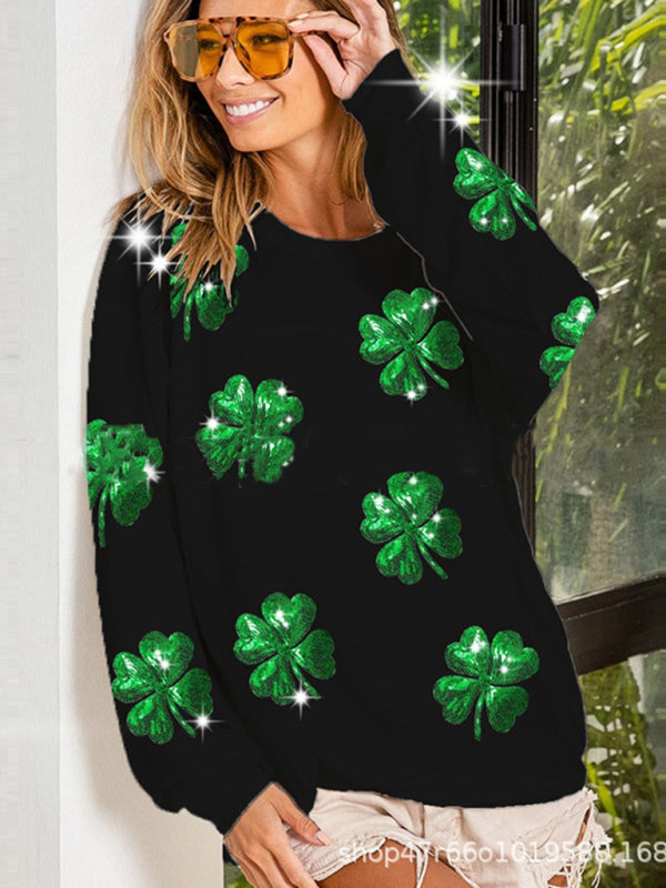 Vicki Women's Orchid St. Patrick's Four-Leaf Clover Sequined Casual Sweatshirt