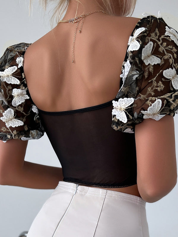 Azalea New Women's Puff Sleeve Sexy Floral Navel Cropped Top