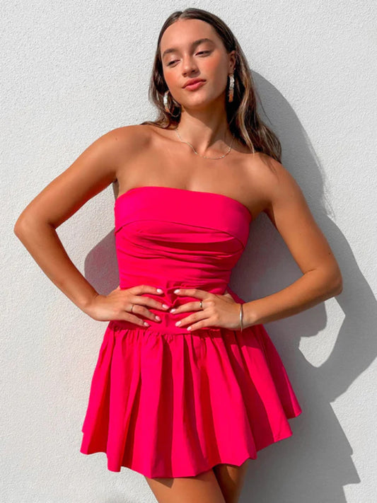 Women Pleated Strapless Mini Dress