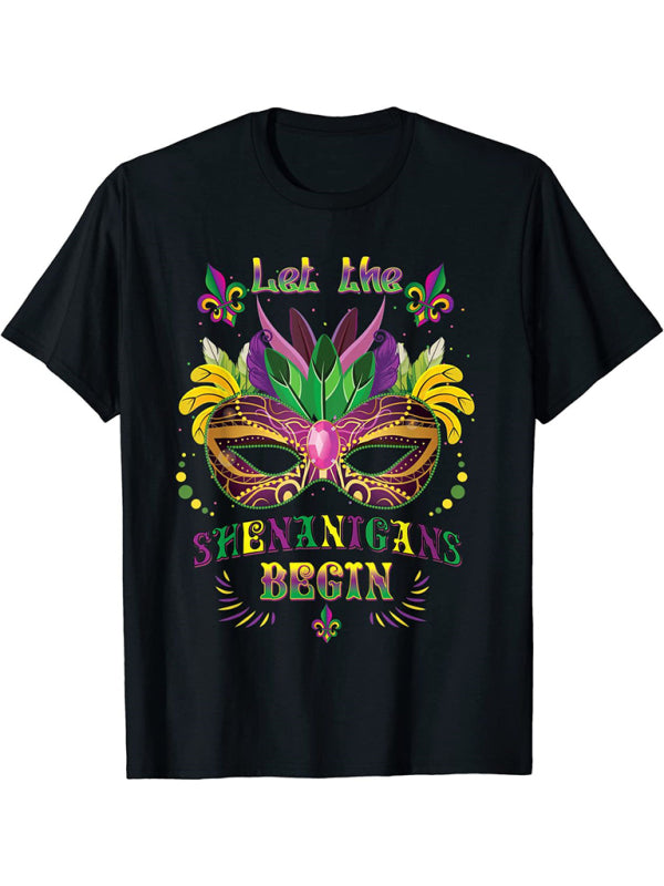 Miranda New Mardi Gras Carnival Mask Print Graphic Short Sleeve T-Shirt Top