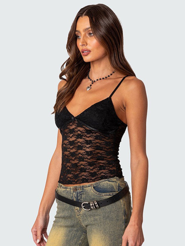 Zinnia V-Neck Halter Chest Bow Vest Slim See-Through Sexy Backless Top