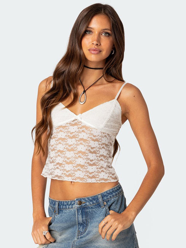 Zinnia V-Neck Halter Chest Bow Vest Slim See-Through Sexy Backless Top