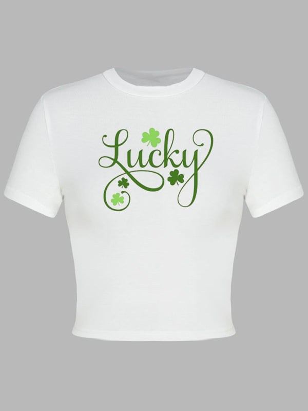 Brandy Women's St. Patrick's Day Green Leaf Print Round Neck Short T-Shirt (Multiple Pictures Available)