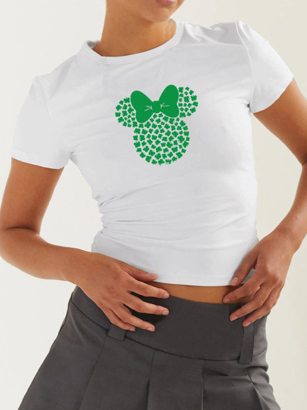 Brandy Women's St. Patrick's Day Green Leaf Print Round Neck Short T-Shirt (Multiple Pictures Available)