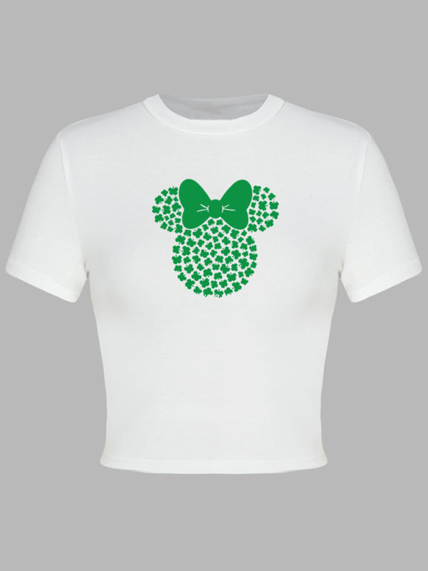 Brandy Women's St. Patrick's Day Green Leaf Print Round Neck Short T-Shirt (Multiple Pictures Available)