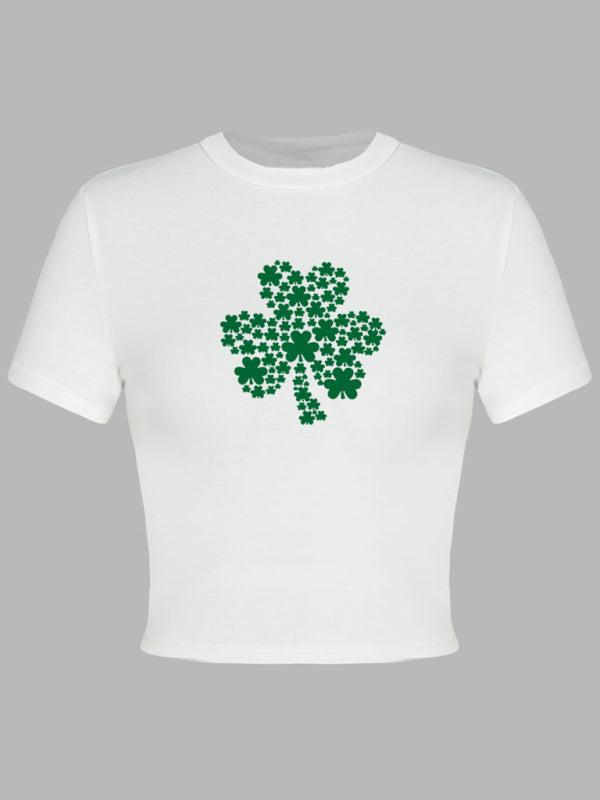 Brandy Women's St. Patrick's Day Green Leaf Print Round Neck Short T-Shirt (Multiple Pictures Available)