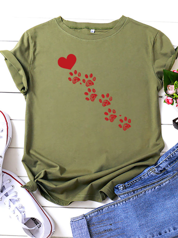 Denise New Women's Casual Love Animal Footprint Casual Cotton Short-Sleeved T-Shirt