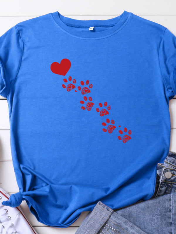 Denise New Women's Casual Love Animal Footprint Casual Cotton Short-Sleeved T-Shirt