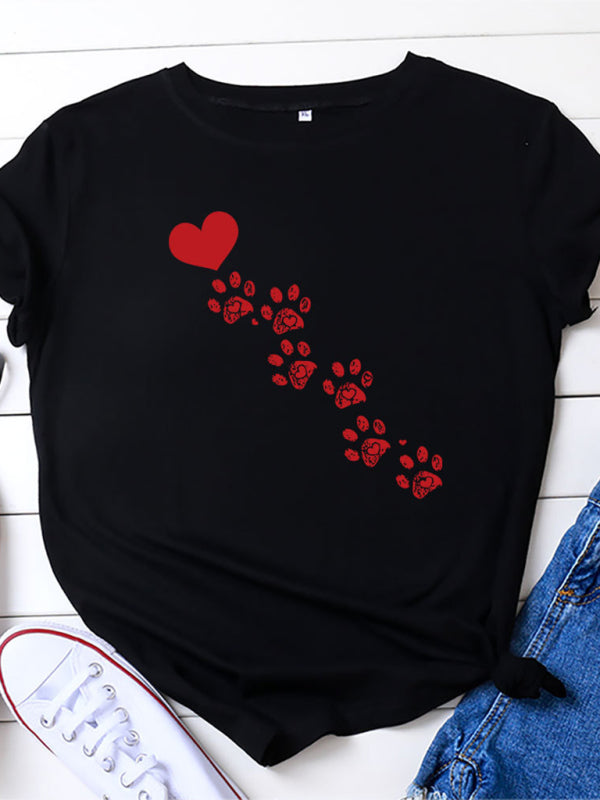 Denise New Women's Casual Love Animal Footprint Casual Cotton Short-Sleeved T-Shirt