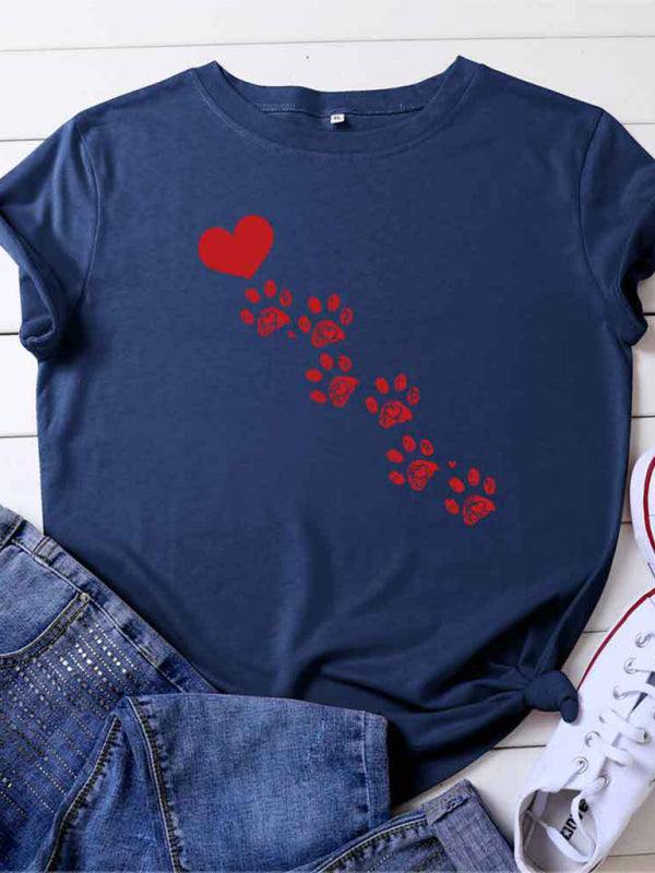 Denise New Women's Casual Love Animal Footprint Casual Cotton Short-Sleeved T-Shirt