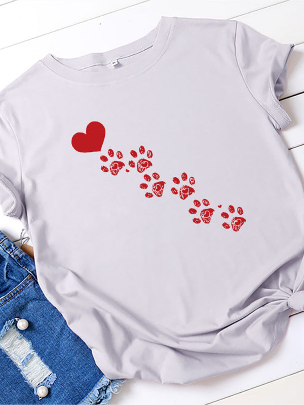 Denise New Women's Casual Love Animal Footprint Casual Cotton Short-Sleeved T-Shirt