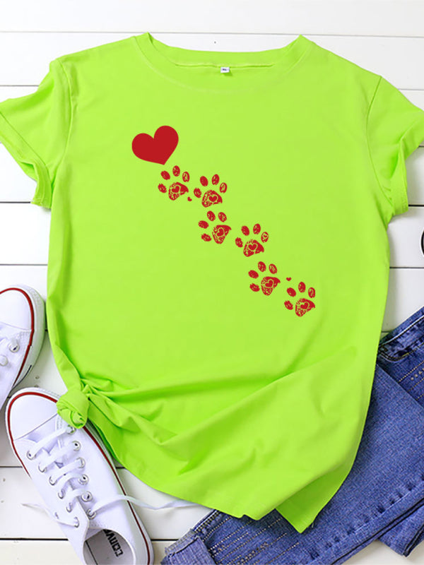 Denise New Women's Casual Love Animal Footprint Casual Cotton Short-Sleeved T-Shirt