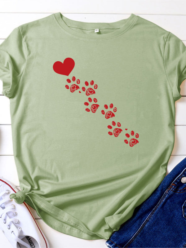 Denise New Women's Casual Love Animal Footprint Casual Cotton Short-Sleeved T-Shirt