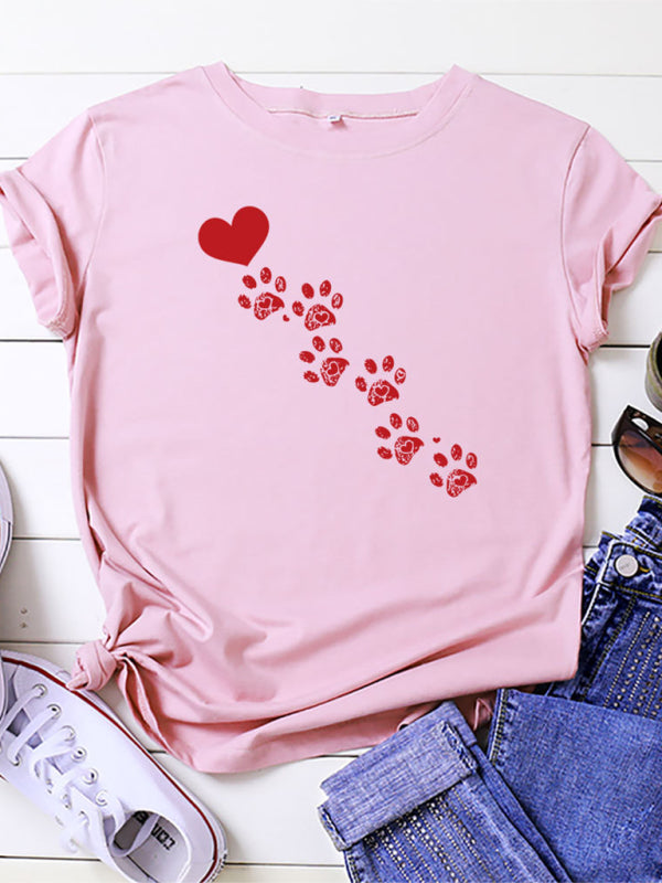 Denise New Women's Casual Love Animal Footprint Casual Cotton Short-Sleeved T-Shirt