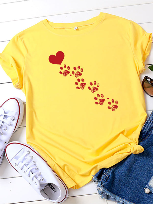 Denise New Women's Casual Love Animal Footprint Casual Cotton Short-Sleeved T-Shirt