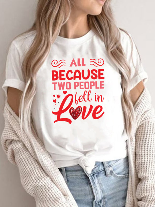 Autumn Women's New Valentine's Day Printed T-Shirt Round Neck Short-Sleeved Top