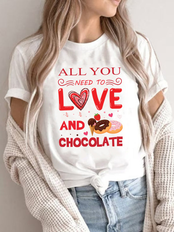 Autumn Women's New Valentine's Day Printed T-Shirt Round Neck Short-Sleeved Top