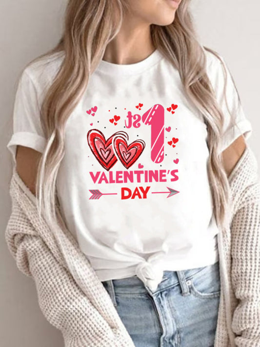 Autumn Women's New Valentine's Day Printed T-Shirt Round Neck Short-Sleeved Top