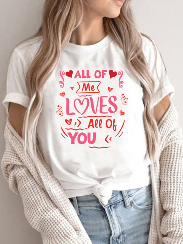 Autumn Women's New Valentine's Day Printed T-Shirt Round Neck Short-Sleeved Top