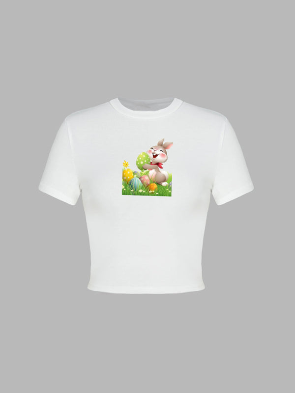 Lori Women's New Easter Egg Bunny Printed T-Shirt Y2K Tight Top Printed T-Shirt