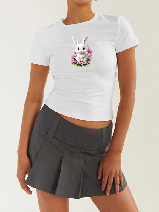 Lori Women's New Easter Egg Bunny Printed T-Shirt Y2K Tight Top Printed T-Shirt