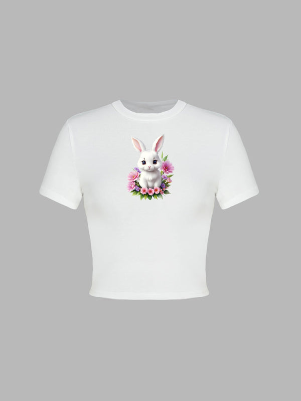 Lori Women's New Easter Egg Bunny Printed T-Shirt Y2K Tight Top Printed T-Shirt