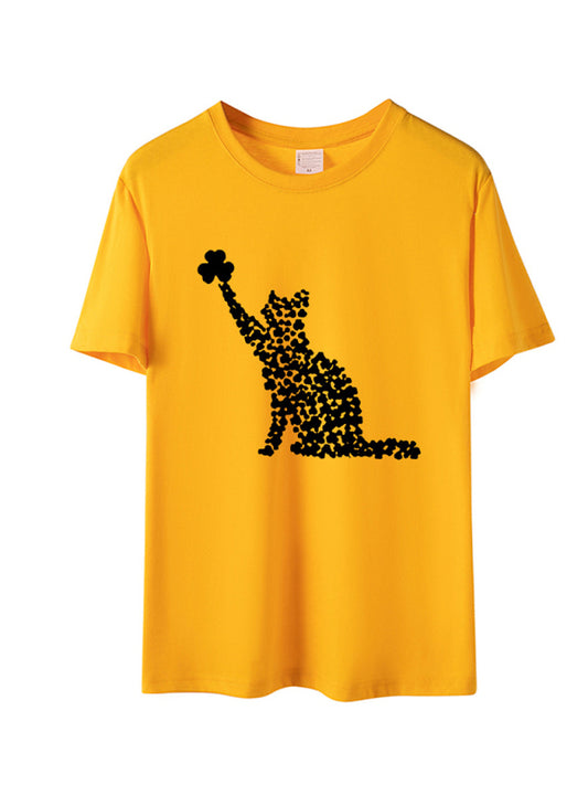 Mackenzie New Women's T-Shirt Cat Clover Print Short-Sleeved T-Shirt