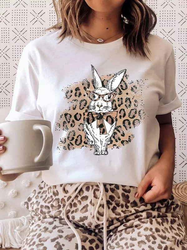 Brenda Women's Tops Easter Bunny Leopard Print Short Sleeve Women's T-Shirt