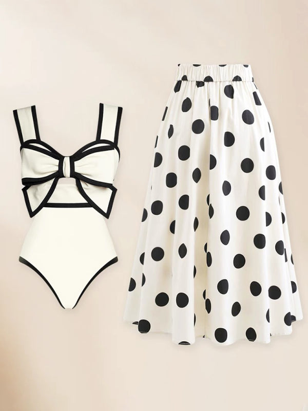 Kamari New Fashionable Vacation Sexy Bow One-Piece Swimsuit + Polka Dot Print Skirt (Single Piece)