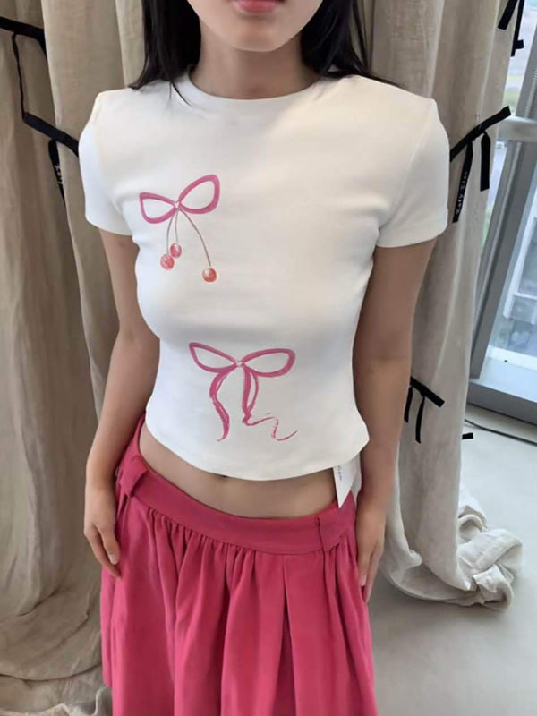 Tammy New Bow Solid Color Printed Navel-Baring Short-Sleeved T-Shirt