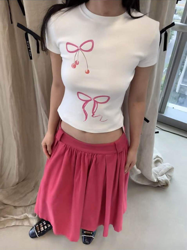 Tammy New Bow Solid Color Printed Navel-Baring Short-Sleeved T-Shirt