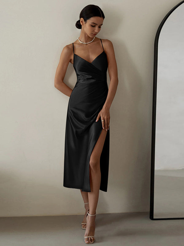 Gabrielle New V-neck pleated Waist Suspender Slit Midi Prom Dress