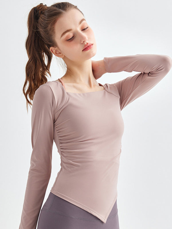 Veda New Square Collar Irregular Hem Sports Long-Sleeved Quick-Drying Running Fitness Yoga Clothing