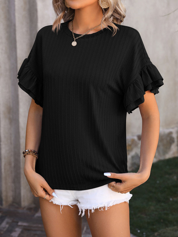 Jordan New Solid Color Round Neck Ruffle Sleeve Short Sleeve T-Shirt Top