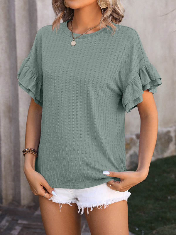 Jordan New Solid Color Round Neck Ruffle Sleeve Short Sleeve T-Shirt Top