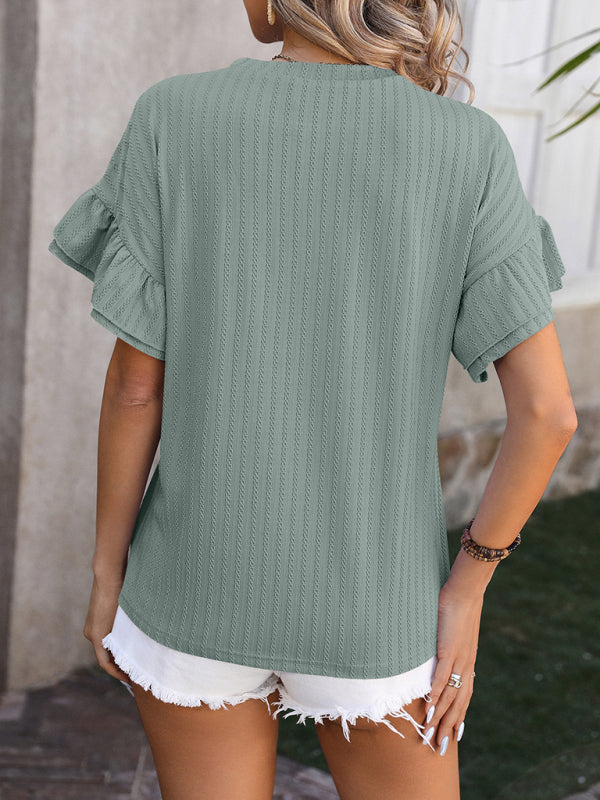 Jordan New Solid Color Round Neck Ruffle Sleeve Short Sleeve T-Shirt Top