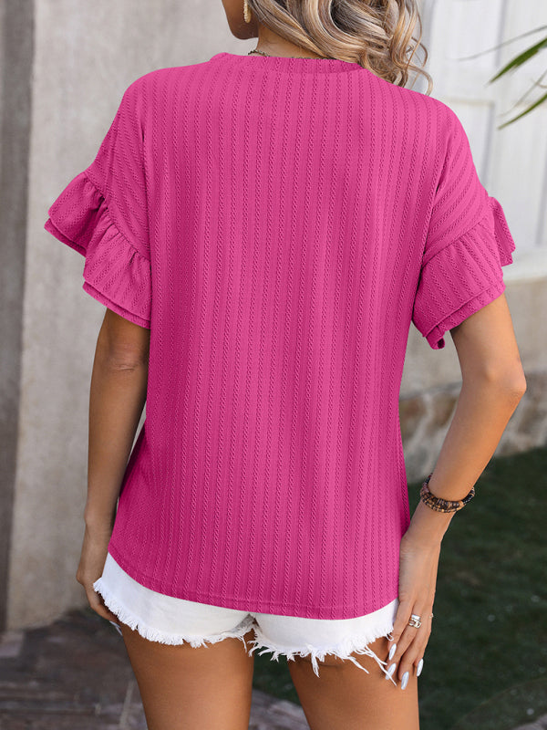 Jordan New Solid Color Round Neck Ruffle Sleeve Short Sleeve T-Shirt Top