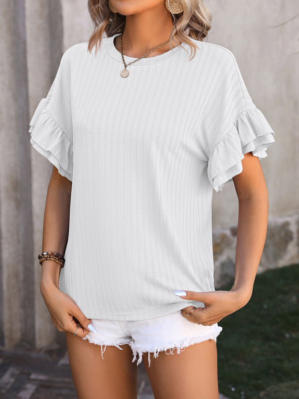 Jordan New Solid Color Round Neck Ruffle Sleeve Short Sleeve T-Shirt Top