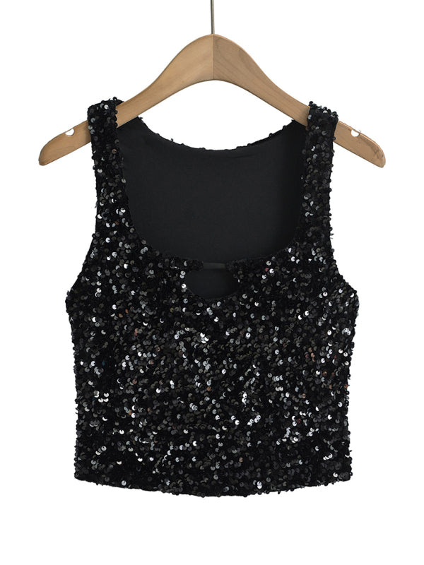 Zahara New Hot Girl Fashion Casual Sequined Sexy Square Neck Hollow Navel Vest