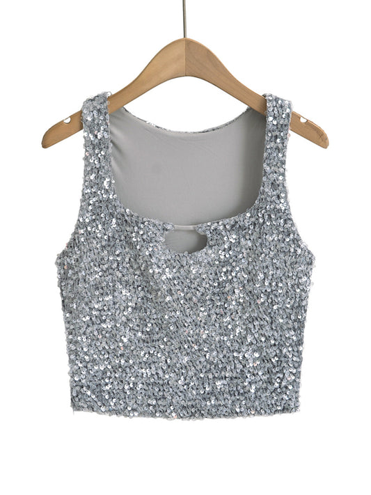 Zahara New Hot Girl Fashion Casual Sequined Sexy Square Neck Hollow Navel Vest