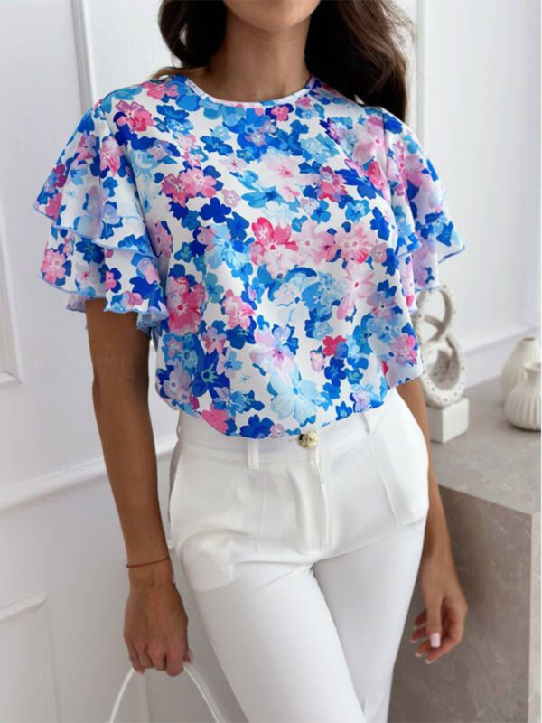 Kylara Summer Printed Ruffle Sleeves, Round Neck, Simple Short-Sleeved Tops